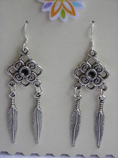 Handcrafted tibet silver double feather earrings 925 earwire (clip on 