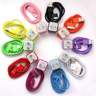 2in1 Colorful USB Adapter Wall Charger + Data Cables For iPod iPhone 