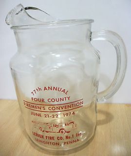 RARE Vintage 17th Annual 4 County Firemans Convention Glass Pitcher 
