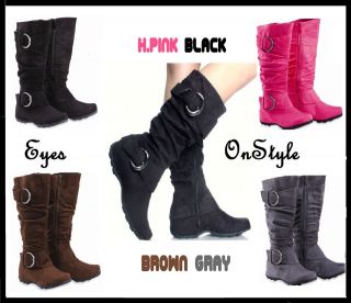 New Women Knee High Boots Slouch Mid Calf Shoes Faux Suede Flat Buckle 