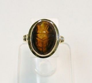 VINTAGE 10K YELLOW GOLD CARVED TIGERS EYE EGYPT SCARAB BEETLE RING *