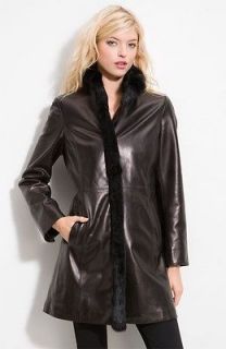 ELLEN TRACY $500 Womens Leather Coat Jacket Rabbit Fur Trim XS NWT 