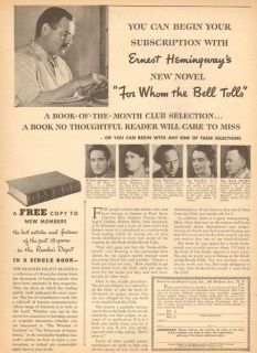 1940s vintage ERNEST HEMINGWAY Novel BOOK CLUB For Whom The Bell Tolls 