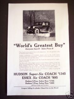 1925 HUDSON Super Six 6 Essex Coach Antique CAR AD