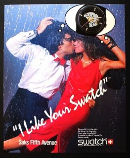 1986 Swatch Swiss Watch couple kissing in rain Saks vintage fashion 