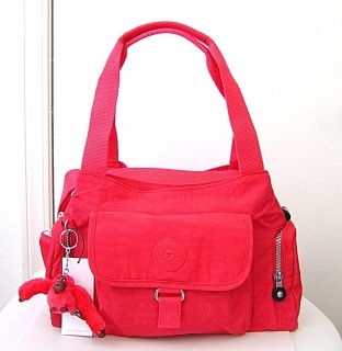 NWT Kipling Fairfax Handbag With Furry Monkey Neon Red