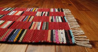 Homespice Cotton Ruby Red Multi Checkerboard Woven Fringed Rag Rug