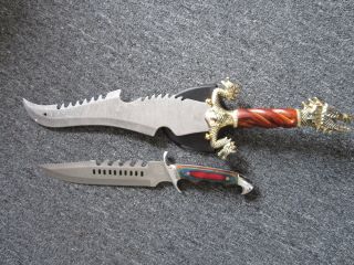   Jim Frost dragon head sword w/ wall mount and large wood handle knife