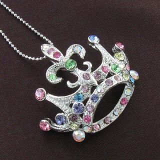 Royal Multicolor Crown Tiara Crystal Rhinestone Necklace Chain Charm 