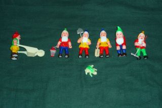   of 6 Vintage Plastic Miniature Gnomes with Garden Impliments & Frog