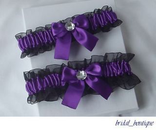 Wedding Garters Set   Purple Garters with Black Sheer Organza and 