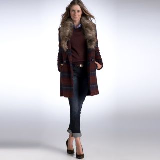 Manteau droit à carreaux col fausse fourrure 30 % laine La Redoute 