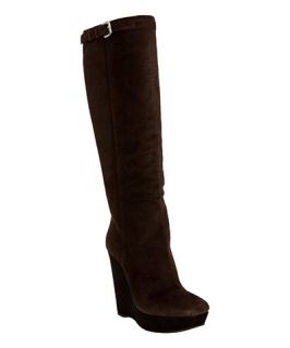Prada dark brown suede contrast wedge tall boots