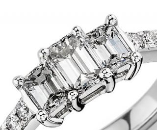 Emerald Cut Three Stone Pavé Diamond Ring in Platinum (1.36 ct.tw 
