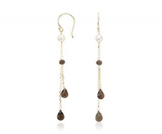 Smokey Quartz and Freshwater Pearl Chain Earrings in 14k Yellow Gold 
