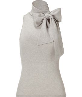 Ralph Lauren Pearl Grey Cashmere Cut In Sleeveless Tie Neck Top 