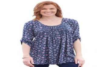 Plus Size Tunic top with graduated pleats, floral print, Henley neck 