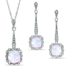 Cushion Cut Lab Created Opal Vintage Pendant and Earrings Set in 