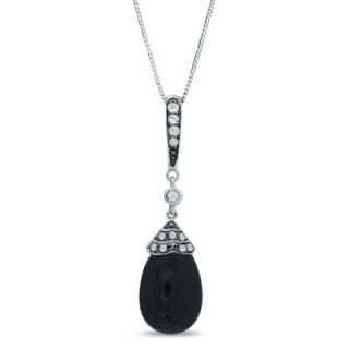 Pear Shaped Onyx and White Topaz Drop Pendant in 14K White Gold 