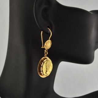   Kind 18 k Solid 2 tone Gold Peruvian Handcrafted Totem Dangle Earrings