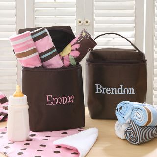 6618   Embroidered Bottle Bag With Burp Cloth Set & Pacifier Clips 
