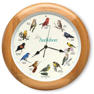 The Oak Framed Audubon Society Singing Bird Clock   Hammacher 