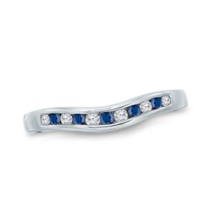 Sapphire and 1/10 CT. T.W. Diamond Contour Band in 14K White Gold 