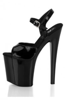 Black Patent Peep Toe Ankle Buckle High Platform Heels @ Amiclubwear 