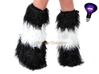 GoGo Rave Dancer Black White Dual Color Fluffies Fuzzy Boot Covers Leg 