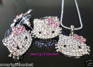 Hello Kitty Ring Earring Necklace Crystal Rhinestone Sparkle Pink A 