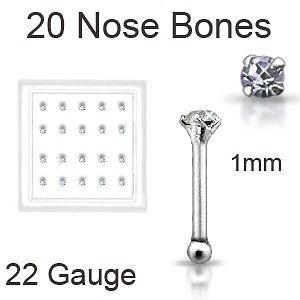 Lot 20 Silver Nose Bone Stud Ring 1mm Clear Gem 22G