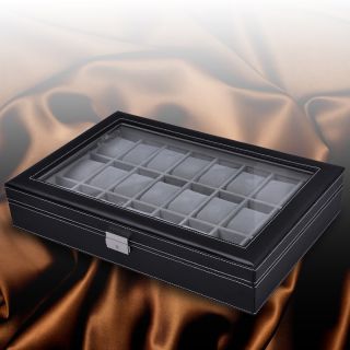   Extra Black Leather Watch Display Glass Top Case Jewelry Storage Box