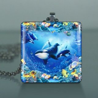 Orcas & Tropical Fish Glass Tile Necklace Pendant a09