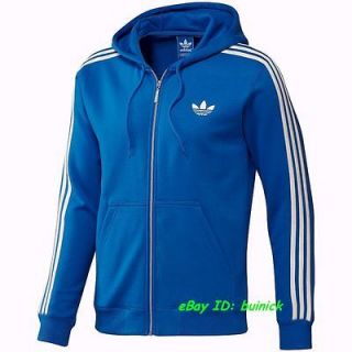 ADIDAS SPORTY HOODED FLOCK TRACK TOP JACKET Blue White sweater zip up 