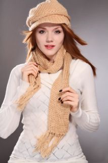 Home / Beige Knitted Ruched Center Small Brim Beanie Matching Scarf 