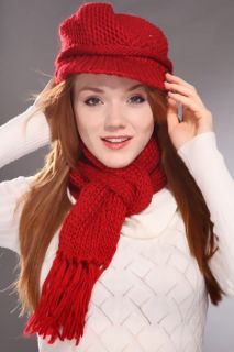 Home / Red Knitted Ruched Center Small Brim Beanie Matching Scarf 