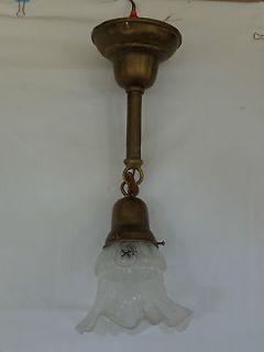   ART NOUVEAU BRASS CEILING FIXTURE VICTORIAN 1 LITE LAMP RUFFLE GLOBE