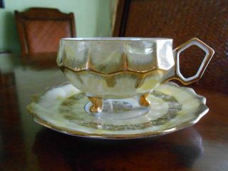 ROYAL HALSEY Teacup and Saucer 3 Toed / Footed Lavish Heavy Gold Gilt
