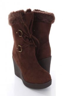 Brown Faux Suede Fur Trim Lace Up Wedge Ankle Boots @ Amiclubwear 