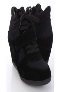 Black Canvas Faux Suede Lace Up Ankle Sneaker Wedges @ Amiclubwear 