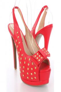 Red Faux Leather Studded Bow Peep Toe Slingback Heels @ Amiclubwear 