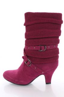 Fuchsia Faux Suede Slouchy Knit Sleeve Strapped Boots @ Amiclubwear 