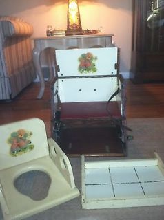   CHILDS PORTABLE POTTY/TOILET IN WOOD CASE WITH COMBO HIGH CHAIR