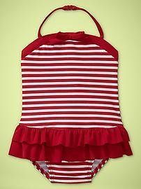 Baby Gap NWT Harbor Club Ruffle Stripe Red White 1Pc Swimsuit 12 18 24 