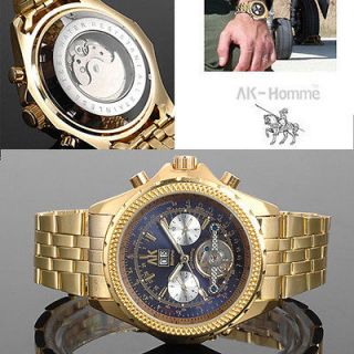   Style Automatic Mechanical Mens Watch new 18K Gold Plated Steel