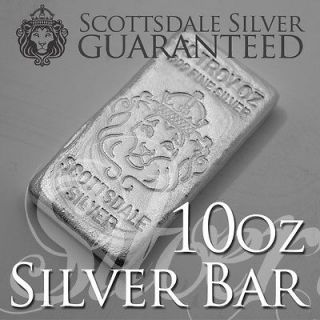 10 oz Hand Poured Scottsdale Silver Bar  Ten Troy oz .999 Silver 