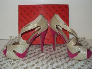 GUESS Genuine Glitter Gold and pink Ladies platform pumps high heel 