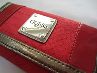 NWT GUESS CARESSE SLG wallet purse clutch slim small SILVER LOGO red 