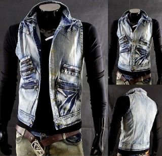 Mens Fashion VINTAGE Solids zips design Denim jacket vest Jean Jacket 