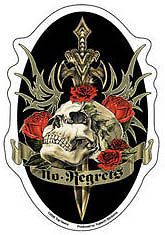 NO REGRETS SKULL DAGGER AND ROSES STICKER/Vinyl DECAL Art by Top Heavy